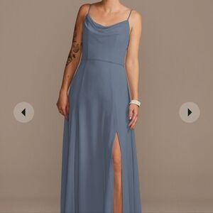 Steel Blue cowl neck chiffon dress with slit